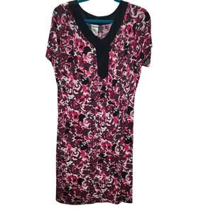 Just My Size 2X Floral Dress Pink Black V-Neck Stretch Knee Length Plus 18W 20W